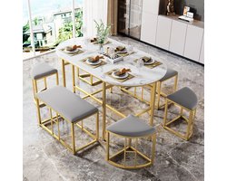 Sweiko Eettafel set (met eettafel, 4 kleine krukken en 2 grote krukken), 140x70x76cm keuken eettafel, stalen frame, modern Wit en Goud,