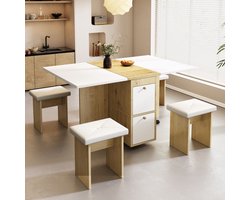 Sweiko Eettafel Set, met eettafel, 4 Stoelen, Vouwbare eettafel, 120*80*75cm, Uitschuifbare eettafel, Multifunctionele uitschuifbare eettafel, Eetkamer stoelen, Wit en eiken