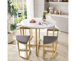 Sweiko Eettafel set met vier stoelen, Ronde eettafel, Eetkamer groep met MDF tafelblad en verguld ijzeren frame, fluwelen stoelen, moderne luxe tafels en stoelen, Grijs
