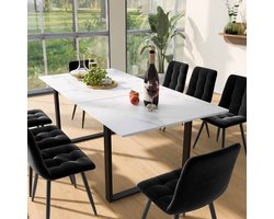 Sweiko Eettafel Telescopische Tafel, 140/180x80x75cm, Metalen IJzeren Benen en Vierkante Tubulaire Benen, Moderne Witte MDF Tafelblad Met Marmeren Patronen, Dubbel Gebruik voor Huis en Kantoor