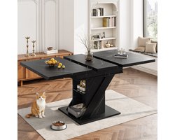 Sweiko Eettafel - Uitschuifbaar tot 140 cm - Marmerlook - Met opbergplank - Zwart