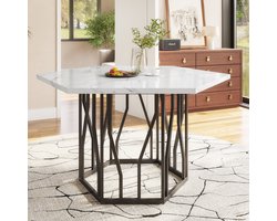 Sweiko Eettafel - Zeshoekig - Marmerlook - Metalen poten - Wit + Zwart
