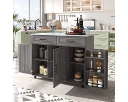 Sweiko Eetwagen, Eettafel, Keukeneiland, wit marmeren aanrecht en grijs houten graankast, uitschuifbaar aanrecht, opbergdeurontwerp, wielen/massief houten poten kunnen worden geschakeld