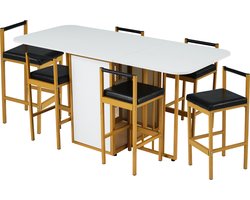 Sweiko Familie eettafel stoel set, 1 eettafel en 6 stoelen, opvouwbare eettafel, uitbreidbare eettafel, multifunctionele eetkamer stoelen, Wit en goud
