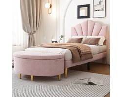 Sweiko Fluweel, Gewatteerd bed, 90x200 cm, Schelpvormig bed, Gouden ijzeren poten, in hoogte verstelbaar hoofdeinde, houten rooster, gewatteerde bank, bank met opbergruimte, Roze