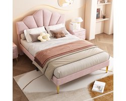 Sweiko Fluweel kinderbed - 140x190cm - Tweepersoonsbed - gouden ijzeren poten - in hoogte verstelbaar hoofdeinde - Roze