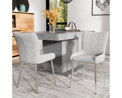 Sweiko Fluwelen Eetkamerstoel, Loungestoel met Vier Zilveren Metalen poten, Lendensteun, Grijs, tweedelige set, luxe, woonkamer, slaapkamer