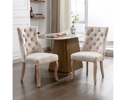 Sweiko Fluwelen Eetkamerstoel met Knoopstiksel, Massief Houten frame, Licht beige (2-delig) 4-voetenbank, stoel Licht Beige, hoge rugleuning,