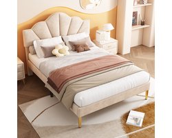 Sweiko Fluwelen gestoffeerd bed, 140*200 cm, tweepersoonsbed, schelpachtig bed met gouden ijzeren poten, in hoogte verstelbaar hoofdeinde, houten lattenrost,Beige