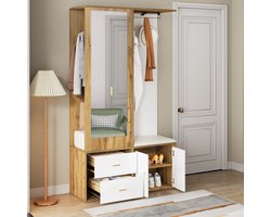 Sweiko Garderobeset - Spiegel - Schoenenkast - Kledingkast - Uittrekbare hanger - Wit + Natuurlijk