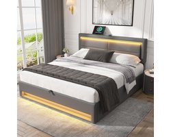 Sweiko Gestoffeerd bed 140 x 190 cm, met USB-poort (ondersteunt draadloos en bedraad opladen), met LED-verlichting en opslagruimte, zonder matras, PU lychee patroon