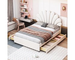 Sweiko Gestoffeerd bed 140 x 200 cm, met Lades, Bedplaats met Bloemhoofdeinde en Vlak noedelsframe, met opbergvak, jeugdbed volwassen bed twin, huidvriendelijk fluwelen stof, Beige(geen matras)