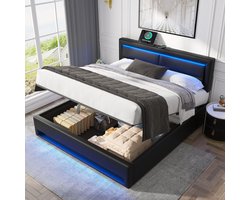 Sweiko Gestoffeerd Bed 140 x 200 cm, met USB-poort (ondersteunt draadloos en bedraad opladen), met LED-verlichting en opbergruimte, zonder matras, PU, Zwart