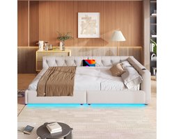 Sweiko Gestoffeerd bed - 140 x 200 cm - Slaapbank - LED-verlichting - USB+Type-C - Linnen - Beige