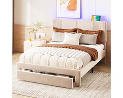 Sweiko Gestoffeerd bed 140 x 200 cm, tweepersoonsbed met lichtstrip en USB-aansluiting, rugleuning en grote lade, huidvriendelijk tweepersoonsbed in fluwelen stof, geschikt voor volwassenen en tieners, beige