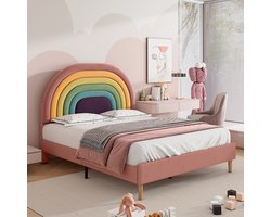 Sweiko Gestoffeerd bed 140*200, met lattenbod en hoofdeinde, jeugdbed, voor volwassenen en tieners, houten lattensteun, gemakkelijke assemblage, in hoogte verstelbare hoofdeinde, fluweel, roze