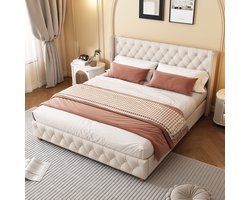 Sweiko Gestoffeerd bed 140x190cm, met platte noedelsvoet en hoofdeinde, Knoopvoering, Klinknagelvoering, houten poot, Linnen, Beige