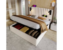 Sweiko Gestoffeerd bed 140x200cm, Dubbel bed Opbergbedbox, Leeslampje Hoofdbord met USB-oplaadfunctie, Klinknagel ontworpen rugleuning, bed met Flat noedles frame en bedbox, katoen, Beige(Zonder matras)