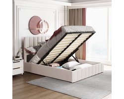Sweiko Gestoffeerd bed 140x200cm, Tweepersoonsbed met Hydraulisch Hefbed Opbergruimte, in hoogte verstelbaar Gestoffeerd hoofdeinde, metaal Vlakke noedels grille, huidvriendelijke fluwelen stof dubbellaags volwassen jeugdbed Melkwit