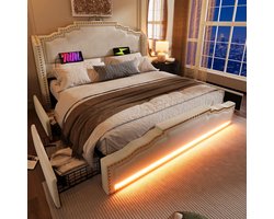 Sweiko Gestoffeerd Bed - 160 × 200cm - 4 lades - LED-verlichting - USB/Type-C oplaadpoort - Tweepersoonsbed - Velvet - Beige