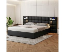 Sweiko Gestoffeerd bed 180 x 200 cm, hydraulisch bed, met USB-poort en draadloos oplaadapparaat en licht, met opbergruimte, ondersteund door houten latten, PU, zwart