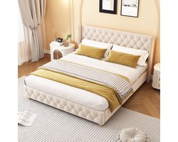 Sweiko Gestoffeerd Bed 180*200cm, met Lattenbod en Hoofdeinde, Knoopvulling, klinknagels vulling, houten poten, fluweel, Licht Beige