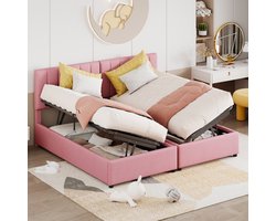 Sweiko Gestoffeerd bed 180x200 cm, hydraulisch opbergbed, huidvriendelijk linnen loft bed, multifunctioneel tweepersoonsbed, Roze