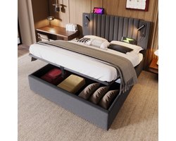 Sweiko Gestoffeerd bed 180x200cm, Dubbel bed Opbergbedbox, Leeslampje Hoofdbord met USB-oplaadfunctie, Klinknagel ontworpen rugleuning, bed met Flat noedles frame en bedbox, katoen, Grijs (Zonder matras)