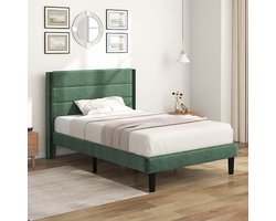 Sweiko gestoffeerd bed 90 x 200 cm, bedframe met lattenbodem & hoofdeinde, gestoffeerd tweepersoonsbed, bekleding fluweel in donkergroen, tijdloos modern design, jeugdbed