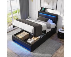 Sweiko Gestoffeerd bed - 90 x 200 cm - Met USB-poort - LED-verlichting - Zonder matras - Kunstleer - Zwart