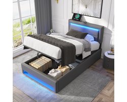 Sweiko Gestoffeerd bed 90 x 200 cm, met USB-poort (ondersteunt draadloos en bedraad opladen), met LED-verlichting en opslagruimte, zonder matras, PU lychee patroon