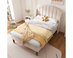 Sweiko Gestoffeerd bed 90*200 met lattenbod en hoofdeinde, jeugdbed, eenpersoonsbed, houten lattensteun, gemakkelijke montage, fluweel, beige