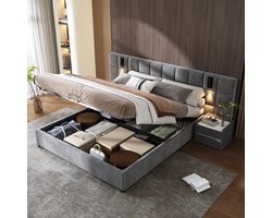 Sweiko Gestoffeerd bed, Hydraulisch Opslagbed met Richtingslamp en USB-opladen, Wide en Schuim Gevulde Hoofdbord, Schaakbord Patroon, Staalframe, Fluweel, 160*200cm, Grijs