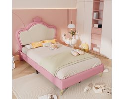 Sweiko Gestoffeerd bed, kinderbed, Roze meisjes prinsessenbed met zachte beschermranden, hoofdbord met kroon, metalen bedpoten, elegant gestoffeerd hoofdbordprofiel, eenpersoonsbed, PU, roze+wit, 90x200cm