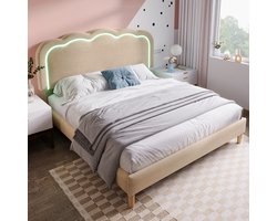 Sweiko Gestoffeerd bed, LED tweepersoonsbed 140 x 200cm, Bedframe met lattenbod en verstelbaar hoofdeinde, Gewatteerd bed in roze, Bedframe Jeugdbed voor slaapkamer Gastenbod fluweel