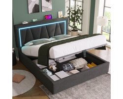 Sweiko Gestoffeerd bed LED Tweepersoonsbed, met USB Type C oplaadfunctie en LED Verlichting, Opbergbedframe gemaakt van linnen, jeugdbed 140x200, met Flat noedles grille, Grijs (Geen matras)