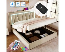 Sweiko Gestoffeerd bed LED tweepersoonsbed, met USB type C oplaadfunctie en LED verlichting, Opslagbedden Bed frame gemaakt van linnen materiaal Jeugdbed 140x200 met lattenrost (Zonder matras)