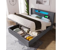 Sweiko Gestoffeerd bed LED tweepersoonsbed met USB Type C oplaadfunctie en LED verlichting, Opslagbedden Bed frame gemaakt van linnen materiaal Jeugdbed 140x200 met lattenrost (Zonder matras)