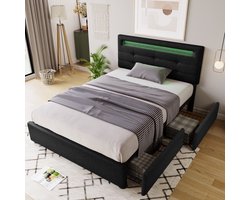 Sweiko Gestoffeerd bed met LED verlichting en 2-laden, 90x200cm Eenpersoonsbed, Verstelbaar hoofdeinde, Houten voet, Zwart