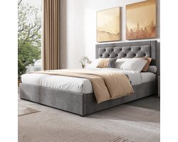 Sweiko Gestoffeerd Bed, Opslagbed met Links en Rechts Verwijderbare Bed Doos, Chesterfield Stijl, Schuim Gevulde Hoofdboord, Staal Frame Dubbel Bed, Fluweel, 140*200cm, Grijs