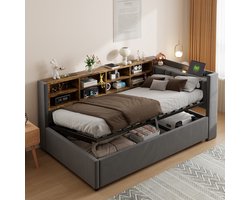 Sweiko Gestoffeerd bed - Slaapbank - 90 x 200 cm - Opbergruimte - Met bedlampjes - USB / Type-C - Velvet - Donkergrijs