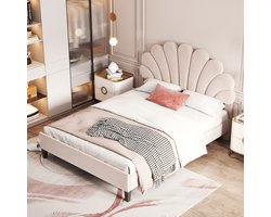 Sweiko Gestoffeerd bed Tweepersoonsbed 140 x 200 cm, Bedlijst met Bloemvormig Hoofdeinde en Lattenbod, Volwassen Jeugdbed in Huidvriendelijke Fluwelen stof, Gastenbed, Beige