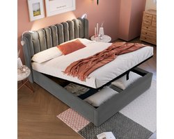 Sweiko Gestoffeerd bed Tweepersoonsbed Leeslampje met oplaadfunctie Hoofdbord Opbergruimte Bedframe Velvet Jeugdbed 160x200 met lattenrost, Grijs (Zonder matras)