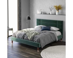 Sweiko Gestoffeerd bed, tweepersoonsbed met lattenbod, 140x200cm gestoffeerd bedframe met hoofdeinde, in donkergroen fluweel, voor volwassenen en tieners, (matras niet inbegrepen)