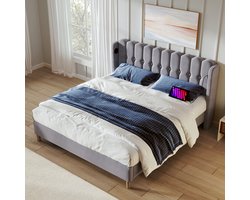 Sweiko Gestoffeerd bed Tweepersoonsbed met USB Type C Oplaadfunctie, Bedplaats met platte noedelsvoet, Grijs Gestoffeerd bed, 160 x 200 cm bedplaats Slaapkamer Jeugdbed Gastenkamer linnenmateriaal (geen matras)