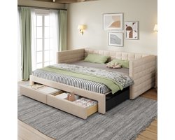 Sweiko Gestoffeerd bed - Uitschuifbare slaapbank - 90/180 x 190 cm - 2 lades - Linnen - Beige (zonder matras)