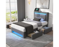 Sweiko Gestoffeerd eenpersoonsbed - 90x200 cm - USB-poort - LED-verlichting - 4 lades - Zonder matras - Zwart