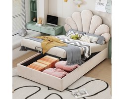 Sweiko Gestoffeerd kinderbed 90 x 200 cm, met bloemhoofdbord en lattenbodem, in hoogte verstelbaar hoofdbord met hydraulische opbergruimte, huidvriendelijke fluwelen stof, beige