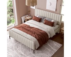 Sweiko Gestoffeerd Tweepersoonsbed 140 x 200 cm, Bedplaats met plat noedelsframe en verstelbaar hoofdeinde, Grijs Beige gestoffeerd bed, slaapkamer bedplaats jeugdbedkamer linnenmateriaal (geen matras)