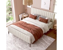 Sweiko Gestoffeerd Tweepersoonsbed 160 x 200 cm, Bedplaats met plat noedelsframe en verstelbaar hoofdeinde, Grijs Beige gestoffeerd bed, slaapkamer bedplaats jeugdbedkamer linnenmateriaal (geen matras)